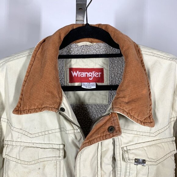 Wrangler Hero Men’s L Sherpa Lined Canvas Khaki Jacket Coat Distressed - Picture 2 of 16